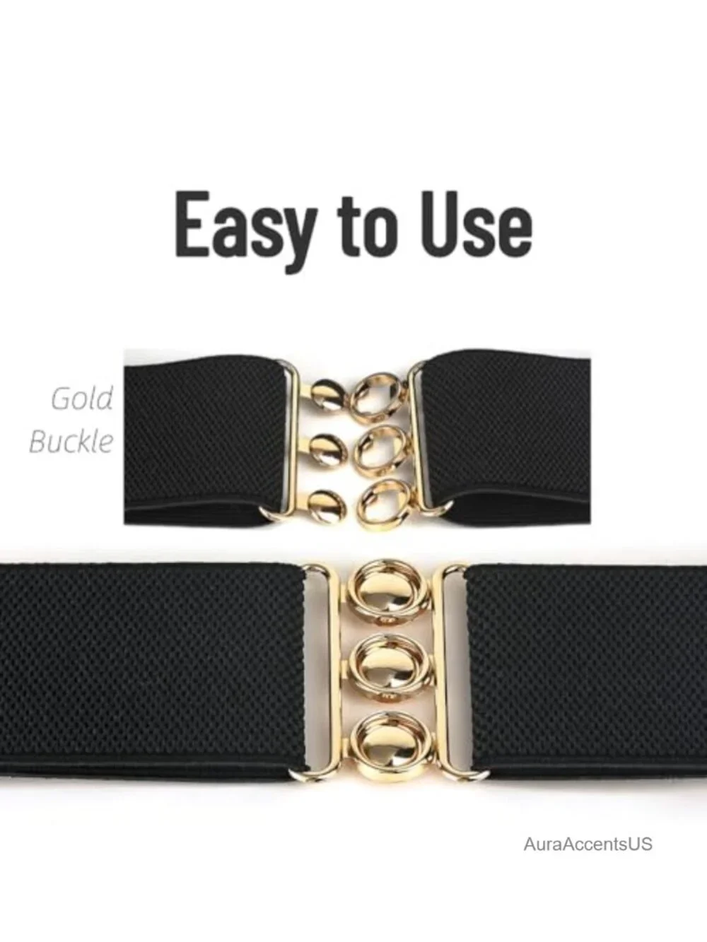 Wide Elastic Stretchy Belt with Gold Buckle for Dresses & Casual Waist 23